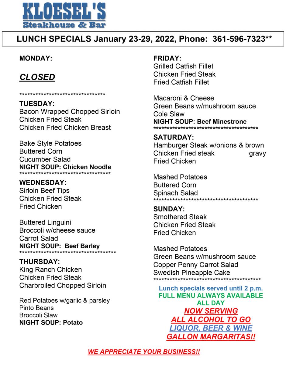 Our lunch menu for the week