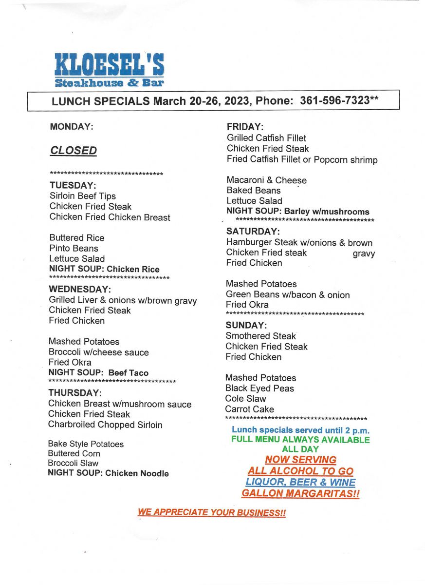 Our lunch menu for the week