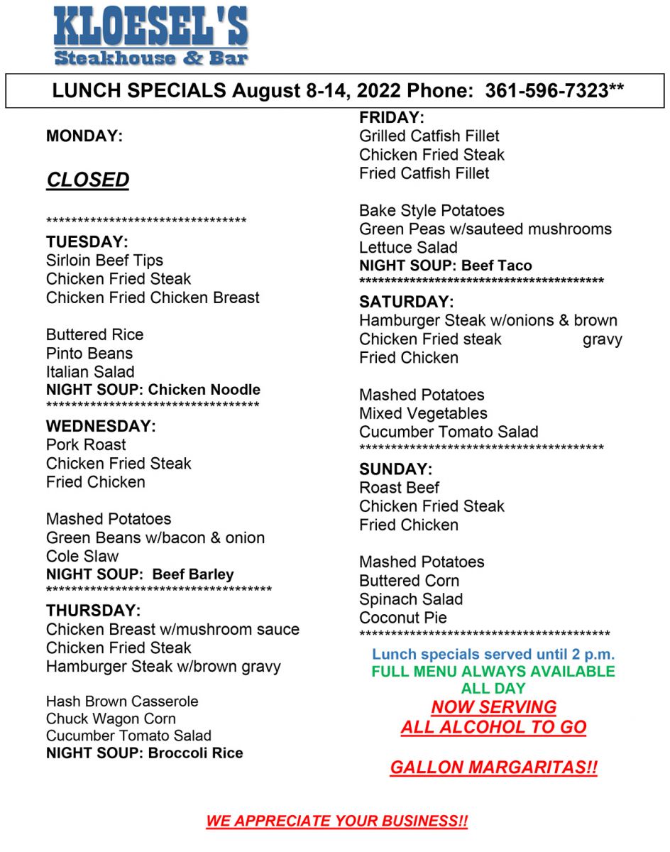 Our lunch menu for the week